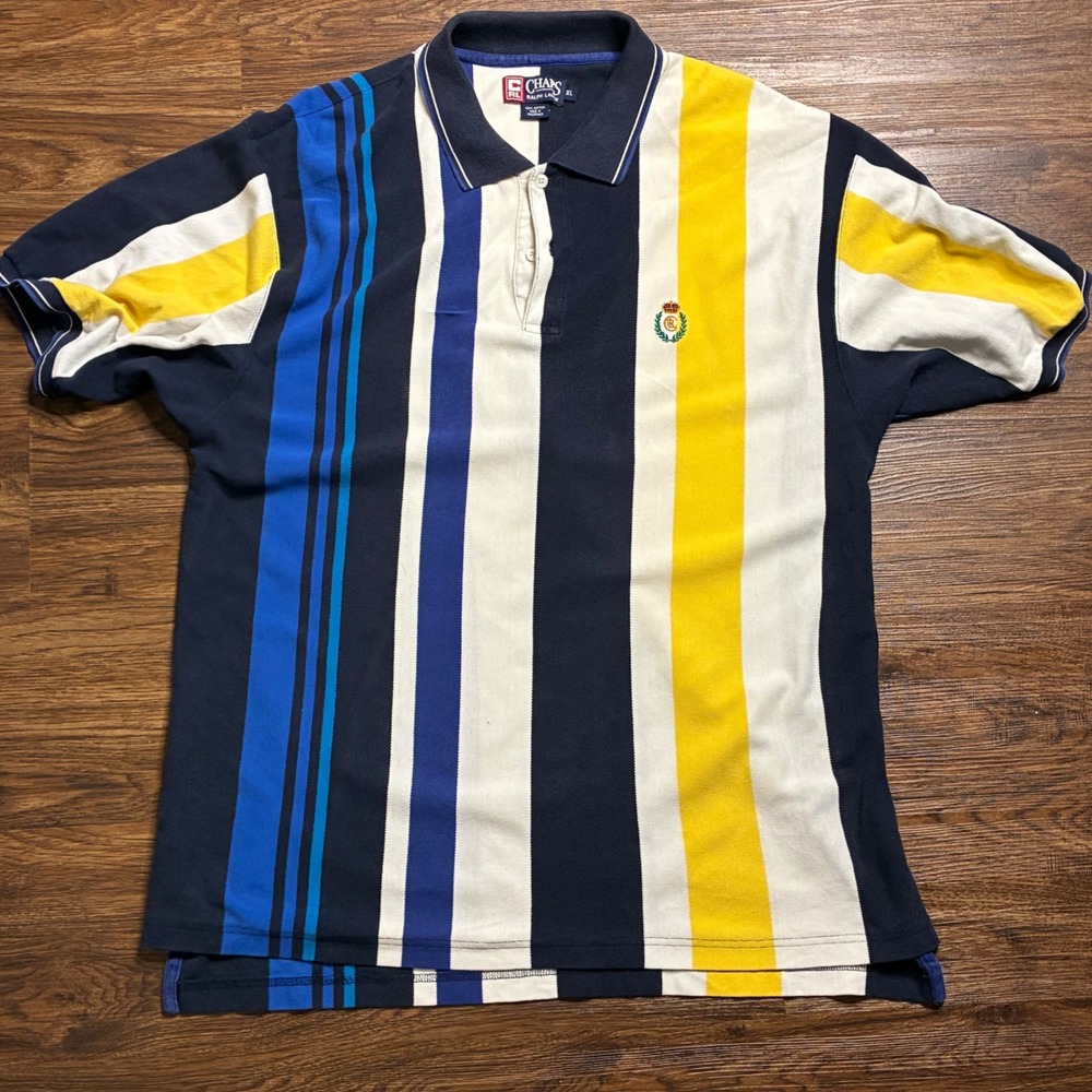 Vintage Chaps Polo Ralph Lauren Crest Striped Polo Shirt Men XL Navy Blue Yellow